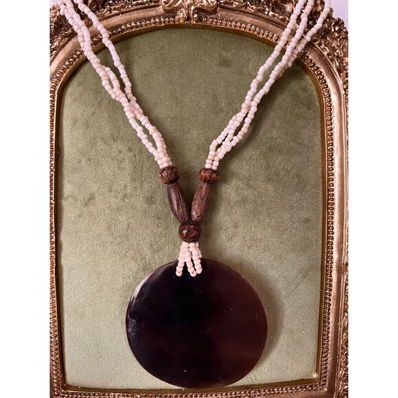 Vintage Tribal Necklace White Beads Wood Carnelian Agate Pendant Boho 20” - Picture 1 of 6